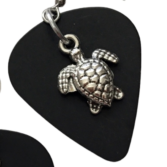 HAND Crafted Drop Earrings Repurposed Guitar Picks Save the Turtles Black Silver - Picture 3 of 6